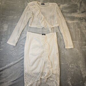 White Fishnet Skirt & Top Two Piece Matching Set Womens Large Summer Party